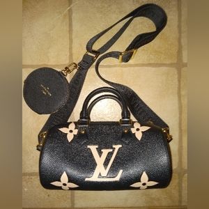 Louis Vuitton black and natural  monogram embossed mini bag w/nylon strap